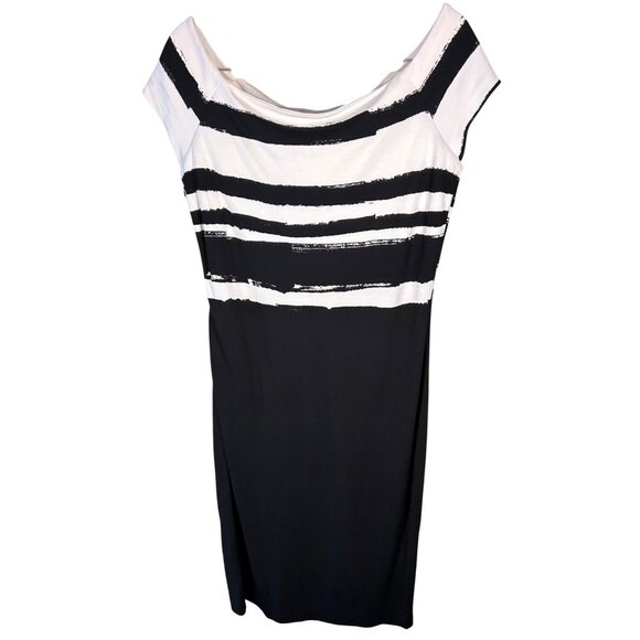 NWT Escada Womens US Sz M  Black White Striped Dress Slimming Pattern - Picture 1 of 11